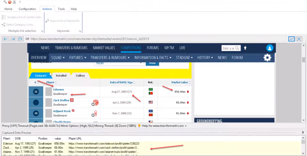 scraping player details from transfermarkt