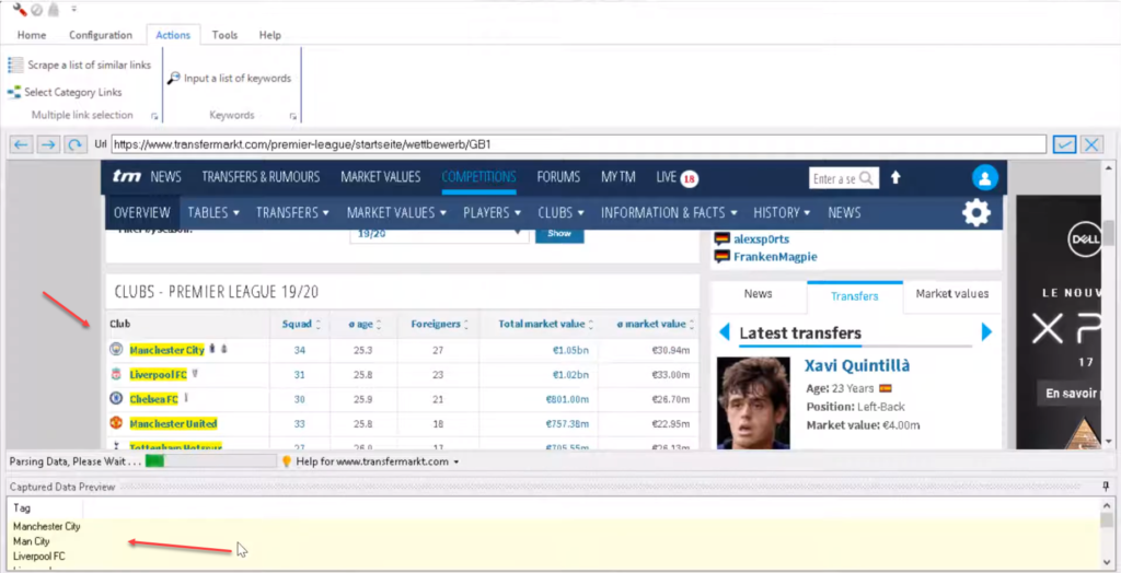 scraping multiple clubs from transfermarkt