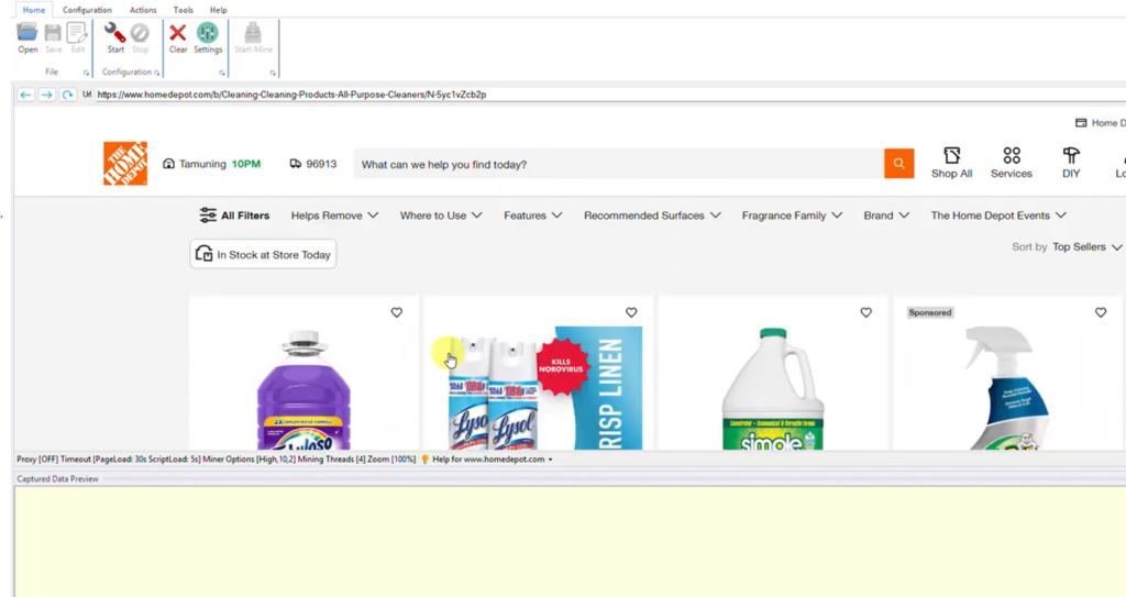 Home Depot website loaded in WebHarvy