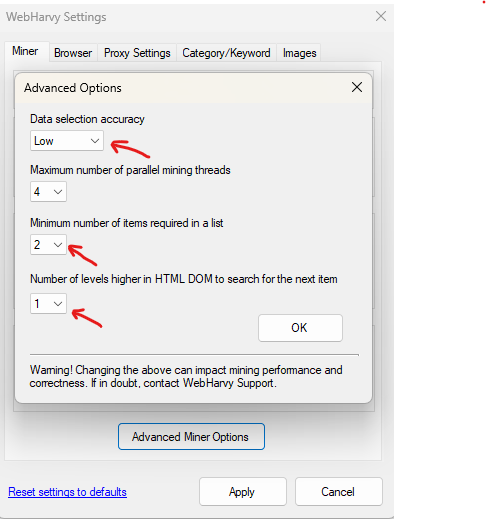 WebHarvy settings for scraping home depot product data