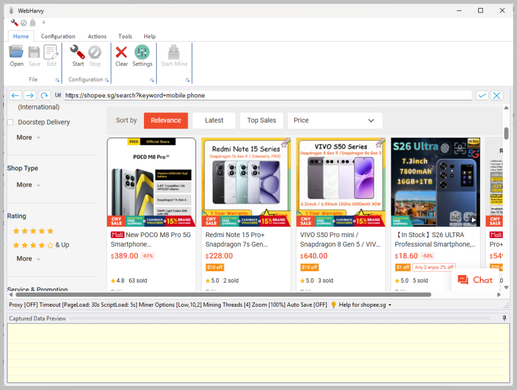 shopee website loaded in webharvy to scrape