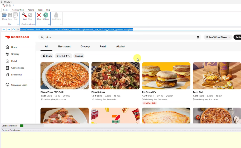 DoorDash Restaurants Listing Loaded in WebHarvy for Scraping