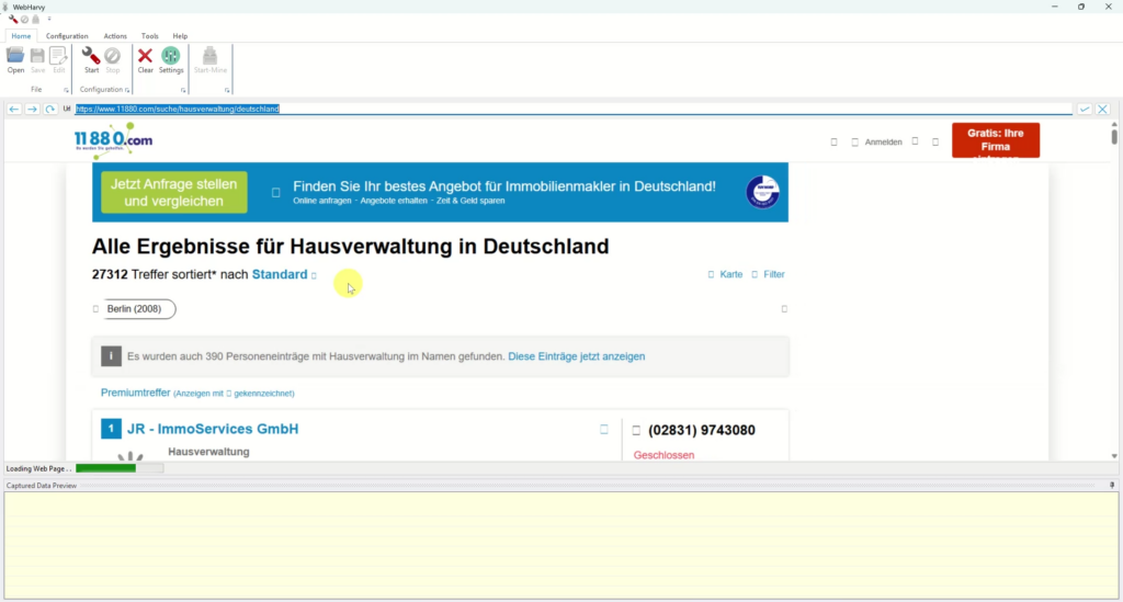 11880.com search results loading in WebHarvy for Extraction.
