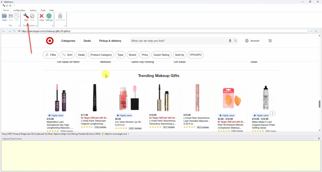Target.com loaded in WebHarvy for Data Extraction