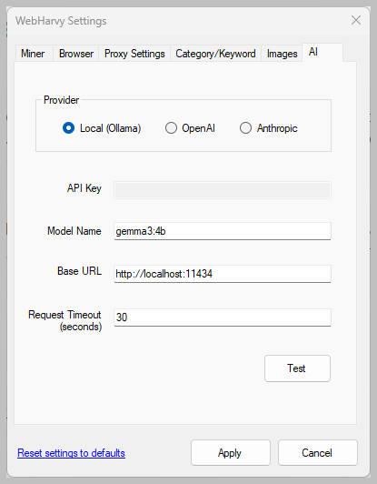 WebHarvy AI Settings, Connecting to LLMs