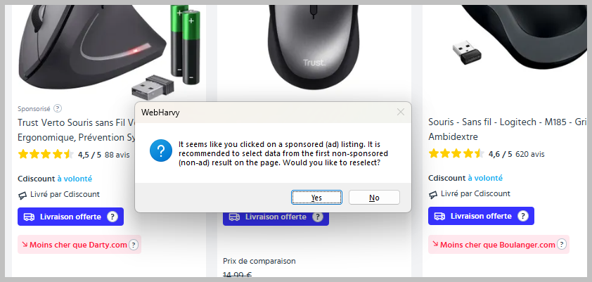webharvy notification - data selection from ads
