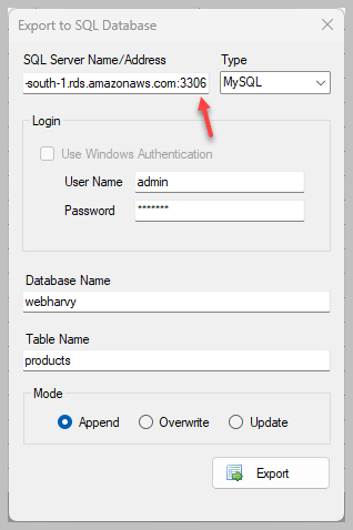 WebHarvy - Export Data to Database - Mention Port